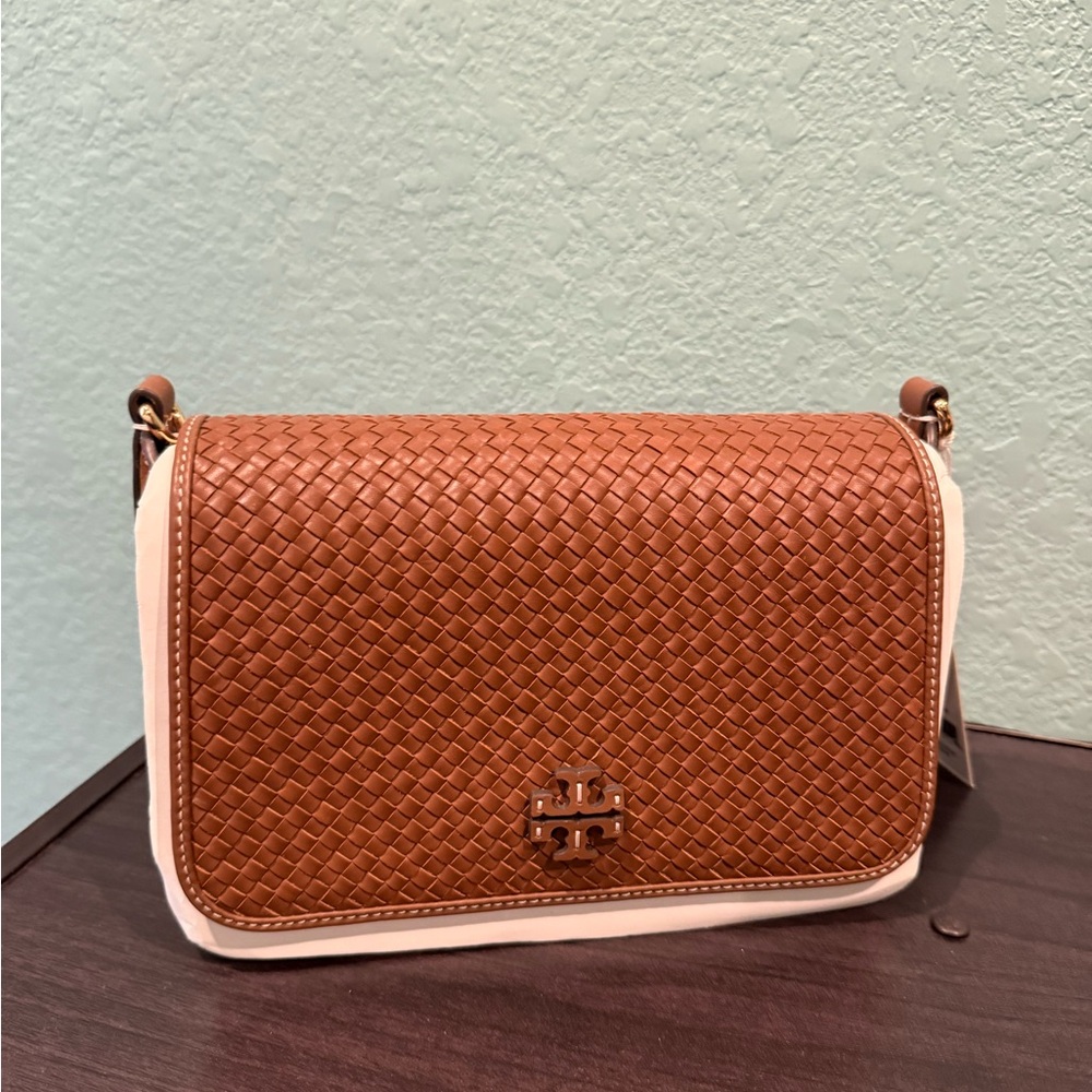 Tory Burch Tan and Cream Woven Crossbody Bag